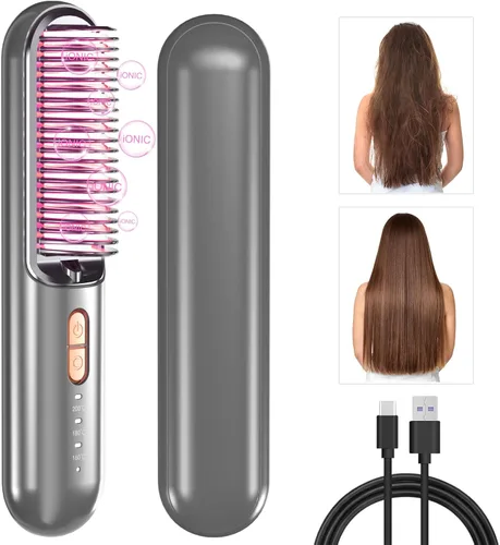 Cepillo alisador de pelo inalámbrico, portátil, mini USB-C, peine alisador de cabello, antiquemaduras, recargable, cepillo alisador de pelo caliente