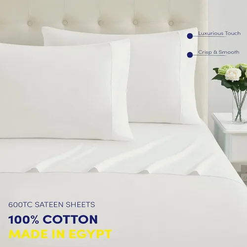 Miniatura 3 de Sábanas de tamaño Queen 100% algodón, hechas en Egipto, suaves de 600 hilos para colchón de cama tamaño Queen, juego de sábanas y fundas de Blanco