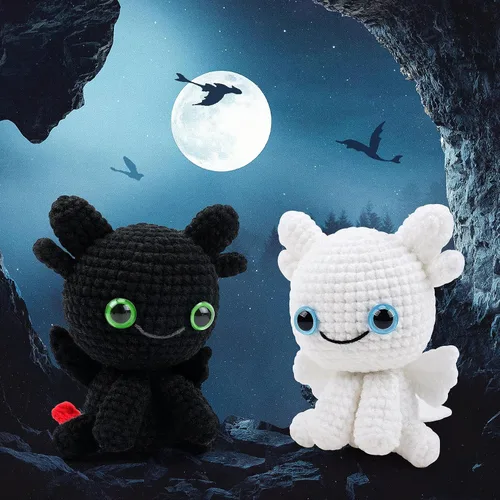 Miniatura 7 de Kit de ganchillo de dragón para principiantes, kit de 2 piezas de animales de ganchillo dragón blanco y negro con tutoriales en video paso a paso