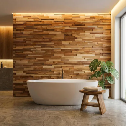 Miniatura 4 de Bare Decor EZ-Wall - Azulejo de mosaico 3D en madera maciza de teca, juego de 10 azulejos de acabado natural