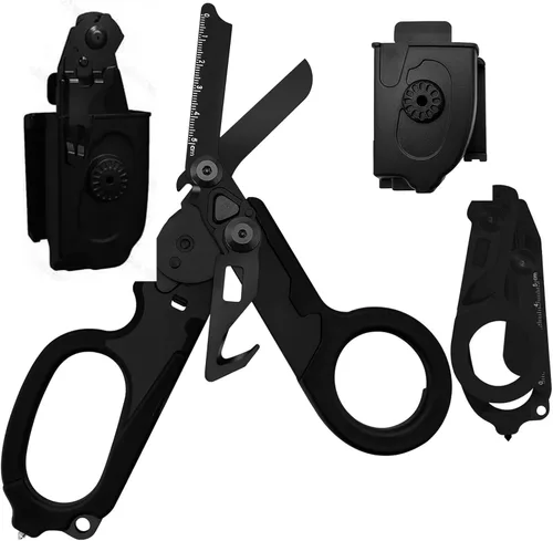 Tijeras de trauma multifuncionales 6 en 1 plegables con funda negra, entornos extremos respuesta de emergencia, trauma cizalla para enfermeras, Negro