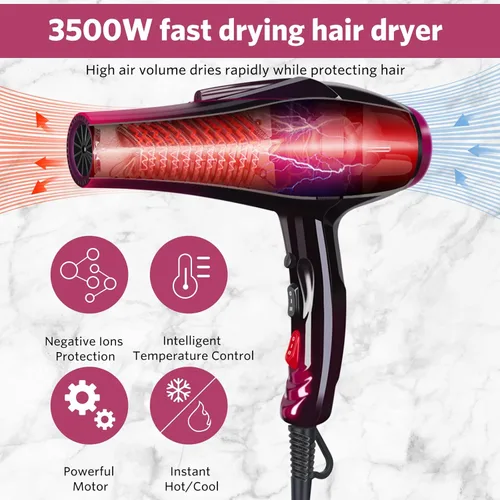 Miniatura 5 de Secador de pelo profesional Secador iónico de 3500 W, potente secador de pelo de salón de belleza, turmalina de cerámica, secado rápido