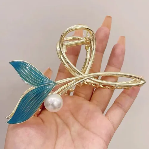 Miniatura 2 de Pinzas para el pelo de cola de pez azul con perla, pinzas de pelo de sirena para mujer, pinza de pelo de metal dorado grande, pinzas de sujeción