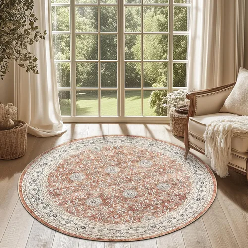 Miniatura 172 de Jinchan Fiora - Alfombra redonda de 8 pies, alfombras vintage con diseño floral envejecido, lavable a máquina, antideslizante, de pelo bajo, Azul