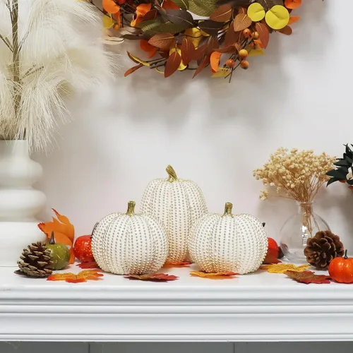 Miniatura 7 de 3 piezas de calabazas de resina de Acción de Gracias, figuras de calabaza de otoño blancas y doradas, calabazas grandes de resina para el hogar