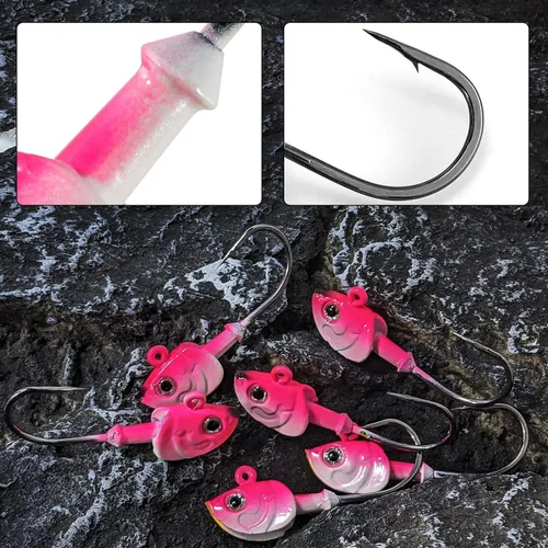 Miniatura 6 de Dr.Fish Paquete de 10 Cabezas de Jig para Swimbait, Cabezas de Jig de Pesca en Agua Salada Ojos 3D Anzuelos de Acero de Alto Carbono Señuelos de Rosa