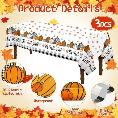 Miniatura 2 de Buryeah 3 manteles de plástico desechables de Acción de Gracias y otoño, mantel de arce a cuadros de calabaza, 51 x 86.6 pulgadas, rectangular