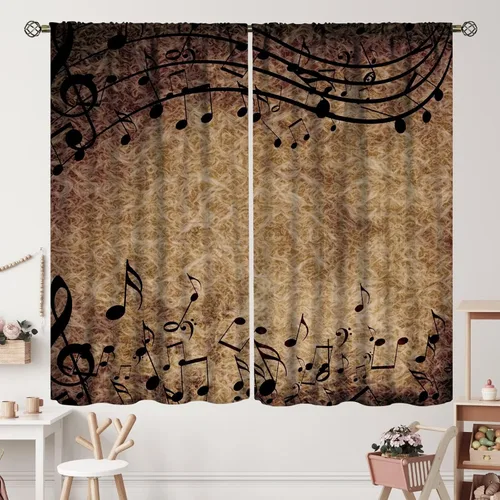 Miniatura 36 de Cortinas de notas musicales, rústicas, mágicas, notas musicales, arte retro, piano y violín, cortina con bolsillo para barra para dormitorio, sala