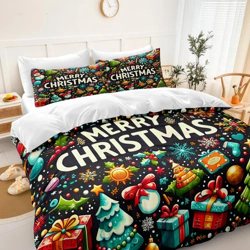 Miniatura 4 de Herside Juego de funda de edredón de Navidad, tamaño Queen, colorido patrón navideño impreso, bonita decoración navideña, microfibra suave, funda