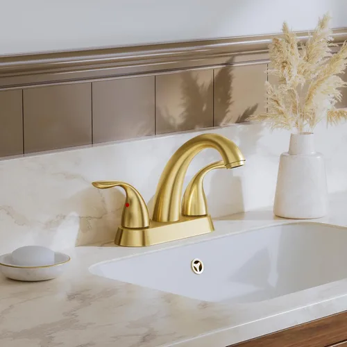 Miniatura 2 de Phiestina Grifo de Baño de Oro Cepillado de 4 Pulgadas Centerset 2 o 3 Agujeros 2 Manijas, Grifo de Baño con Desagüe Emergente de Cobre y Líneas