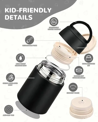 Miniatura 6 de Termo de Sopa de 10 oz para Comida Caliente para Niños, Frasco de Comida Aislado con Cuchara de Boca Ancha, Contenedor de Almuerzo de Acero Negro