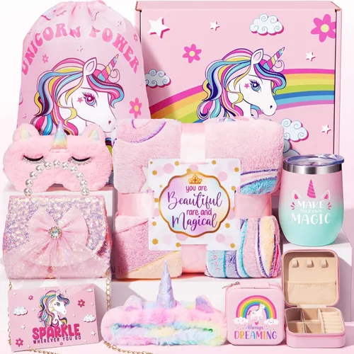 Regalos de unicornio para niñas de 4 a 6, 7, 8, 9 y 10 años, regalos de cumpleaños de Pascua con monedero de manta que brilla en la oscuridad,