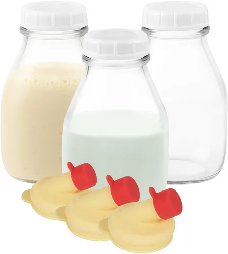 Miniatura 8 de kitchentoolz Botella de leche de vidrio de 16 onzas con tapa y boquilla de vertido, recipiente pequeño para crema de vidrio para refrigerador