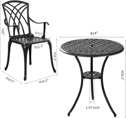 Miniatura 5 de Juego de Bistró para Exteriores de 3 Piezas Mesa de Bistró de Aluminio Fundido y Juego de 2 Sillas, Juego de Bistró para Patio para Todo Clima