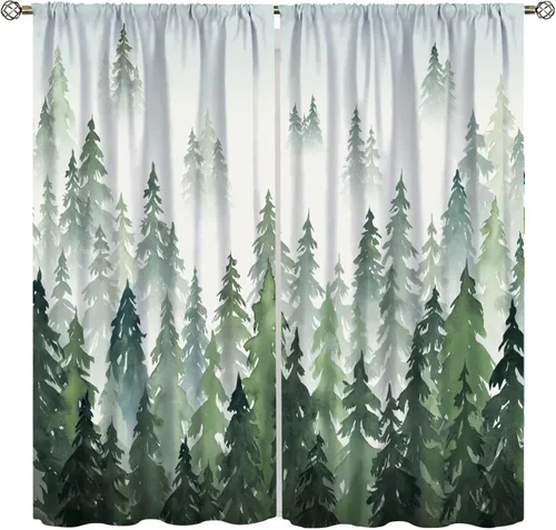 Cortina de árbol de bosque verde, pino, coníferas, bosque, acuarela, oscurecimiento de habitación, ventana, bolsillo para barra, cortina para