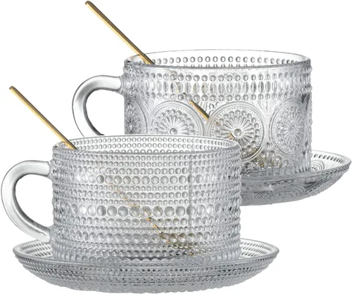 Gezzeny Tazas de café vintage con platillos de 14 onzas, juego de 2 tazas de vidrio en relieve, tazas de té, tazas de café de vidrio para capuchino,