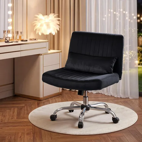 Miniatura 17 de Warmiehomy Silla de oficina cruzada de terciopelo con ruedas, silla de escritorio de lujo con patas cruzadas para dormitorio, silla de computadora