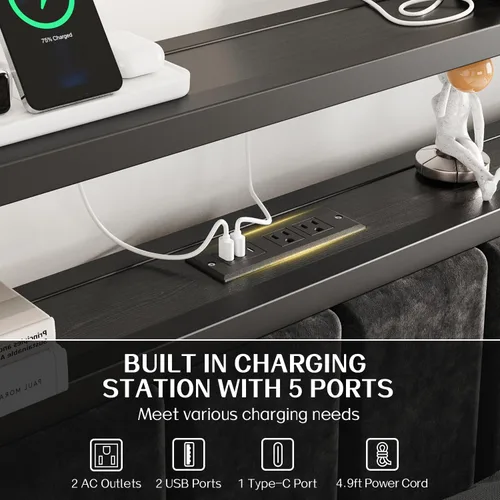 Miniatura 4 de OLEVS Base de cama King con estación de carga y luces LED, cama de plataforma moderna con cabecera de almacenamiento tapizada, no necesita somier