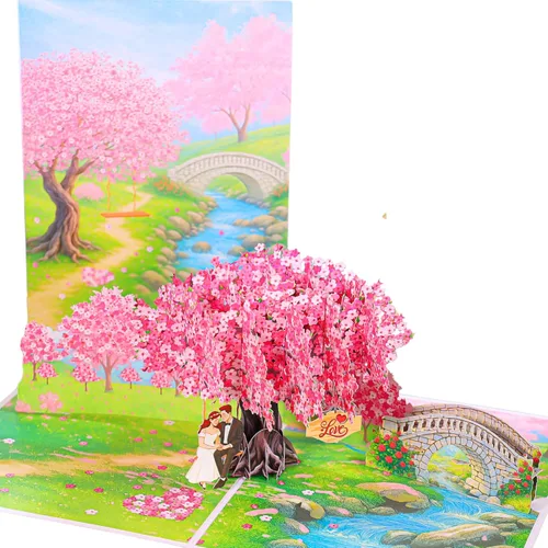Miniatura 8 de Tarjetas de aniversario desplegables, flores de cerezo en 3D y pareja enamorada, San Valentín, tarjetas de boda para esposa, marido, ella, él