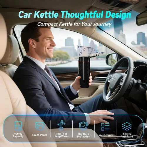 Miniatura 2 de Hervidor Eléctrico de Coche para Viaje: FVPE 12V/24V Hervidor Eléctrico de Agua Pequeño, Control Multi-Temperatura 400 mL Hervidor de Agua Portátil