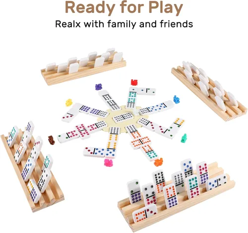 Miniatura 2 de Juego de dominó de tren mexicano con 4 bandejas de madera/estantes de madera, juego de viaje doble de 12 dominó con 4 soportes para azulejos