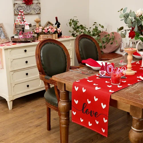 Miniatura 2 de ARKENY Camino de mesa para el día de San Valentín de 36 x 13 pulgadas, decoración de mesa roja con corazón de amor, arpillera para interiores