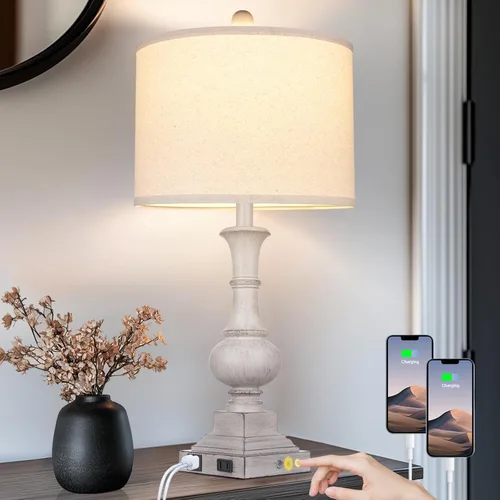 Miniatura 10 de 26" Farmhouse Table Lamp, Vintage Rustic Touch Control Bedside Lamp with 2 USB Ports & AC Outlet, Boho Resin 3-Way Dimmable Nightstand Lamp Linen