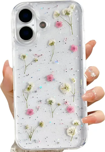 Miniatura 41 de LSEEKA Funda transparente para iPhone 13 Mini/iPhone 12 Mini con diseño de flores reales prensadas, con purpurina, bonito patrón floral blanco, Oro