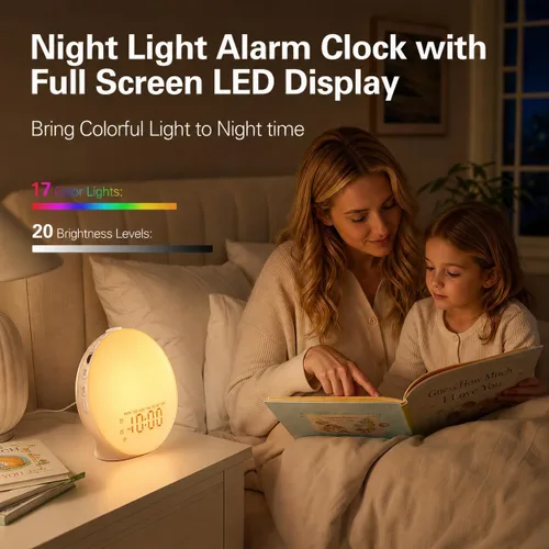 Miniatura 6 de Reloj Despertador de Luz de Amanecer para Dormitorio, 17 Luces Nocturnas, Máquina de Sonido con Altavoz Bluetooth de 5W, 25 Sonidos Relajantes