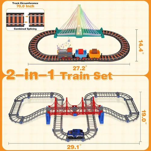 Miniatura 7 de Juego de tren eléctrico para niños de 5 a 8 años, 2 en 1, pistas de doble capa con puente iluminado y sonidos realistas, juguete de construcción