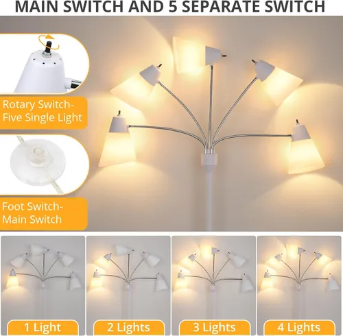 Miniatura 4 de FOLKSMATE Lámpara de Pie, Lámpara de Pie Alta Moderna Medusa de Múltiples Cabezales, Luz de Lectura LED Rústica Ajustable para Sala de Estar, Blanco