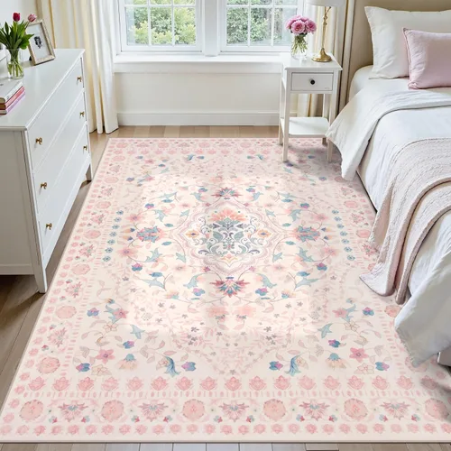 Miniatura 22 de Wonnitar Alfombras rosas para dormitorio, niñas, guardería, alfombra lavable con estampado floral de 5 x 7 pies, bohemio, ultrafina, antideslizante