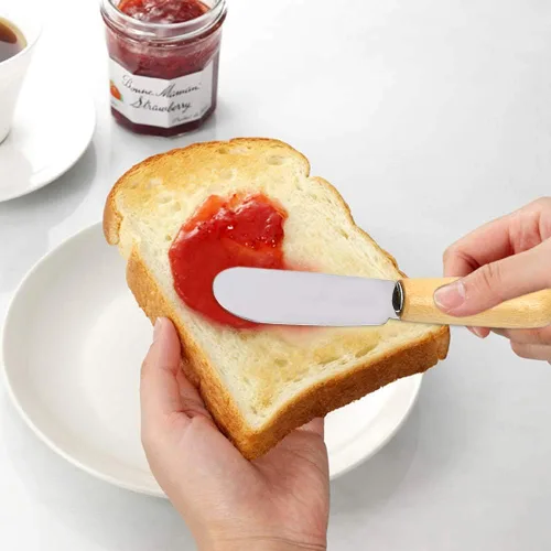 Miniatura 4 de ACKLLR Paquete de 5 esparcidores de mantequilla de acero inoxidable con borde recto y mango de madera, juego de esparcidores de condimentos de queso