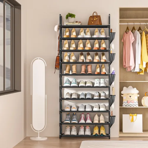 Miniatura 9 de Zapatero Alto de 10 Niveles Organizador de Zapatos de 10 Niveles para Armario, Estante de Zapatos de Metal con Almacenamiento, Torre de Zapatero