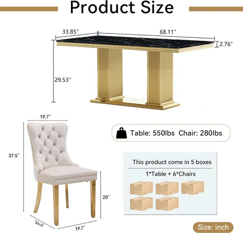Miniatura 4 de Henf Juego de mesa de comedor de mármol sintético de 68 pulgadas para 6, juego de mesa de comedor de 7 piezas con 6 sillas copetudas de terciopelo