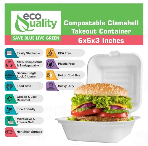 Miniatura 4 de Recipientes de comida para llevar con cubierta cuadrada compostable con bisagras de 6x6,Contenedores desechables para llevar, contenedores