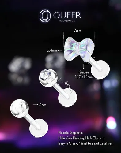 Miniatura 8 de OUFER 3 piezas de joyería de plástico para piercing de hélice, retenedores de piercing de labio transparente para cirugía, lindos anillos de labio