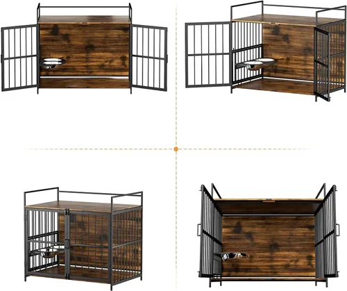 Miniatura 6 de ROOMTEC Furniture Style - Jaula grande para perros con comedero elevado ajustable de 360° para perros, 2 cuencos de acero inoxidable, cojín