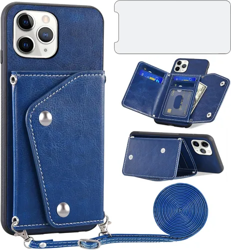 Asuwish Funda de teléfono para iPhone 11 Pro Max 6.5 Funda tipo cartera con protector de pantalla y soporte para tarjeta de crédito con correa