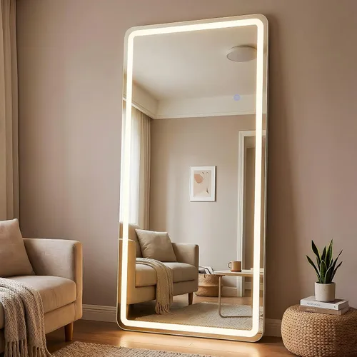 Miniatura 8 de Espejo LED de longitud completa, 30 x 71 pulgadas, espejo de cuerpo completo de vidrio templado con atenuación e iluminación de 3 colores de pie