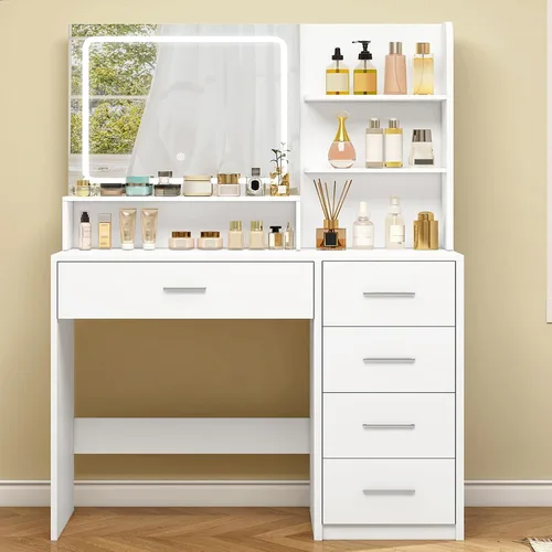 Miniatura 10 de Quimoo Escritorio de tocador de maquillaje con espejo y luces, escritorio de tocador con 5 cajones y estantes de almacenamiento, mesa de tocador, 3
