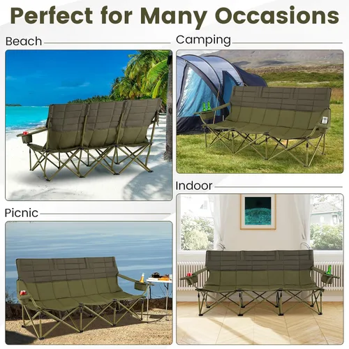 Miniatura 8 de Goplus Silla de campamento para 3 personas para adultos, silla plegable de gran tamaño para exteriores baja con portavasos y acolchado grueso, silla