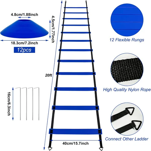Miniatura 2 de YEXEXINM Escalera de agilidad profesional de entrenamiento de velocidad, escalera de agilidad de 20 pies, 12 conos de fútbol, 4 obstáculos de Azul