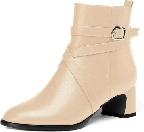 WAYDERNS Botas altas de tobillo con hebilla casual para mujer, con correa de tobillo sólida mate, tacón bajo y grueso, 2 pulgadas