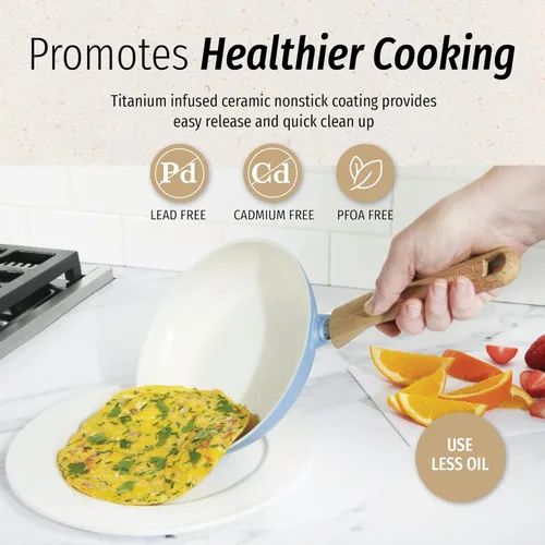 Miniatura 4 de GoodCook Juego de sartenes de cerámica saludable de 3 piezas con infusión de titanio, azul claro, utensilios de cocina de inducción, sartén