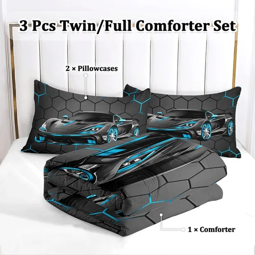 Miniatura 2 de Juego de Ropa de Cama Individual para Niños con Coches de Carrera, Juego de Edredón de Tamaño Individual con Coche Deportivo Azul para Niños, Juego