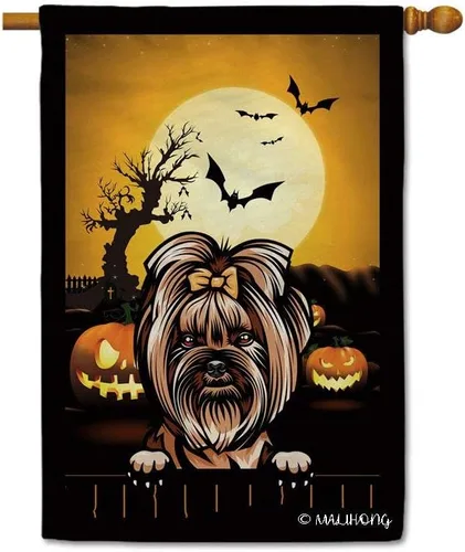 Miniatura 11 de Bandera de jardín de calabaza de Feliz Halloween Jack O'Lantern con perro Rhodesian Ridgeback Halloween Bat Boo Bandera decorativa para patio al