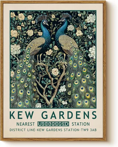 WHASAYART Lienzo enmarcado vintage de pavo real de 12 x 16 pulgadas, pintura antigua, jardines Kew, elegantes pavos reales azules, estampado floral