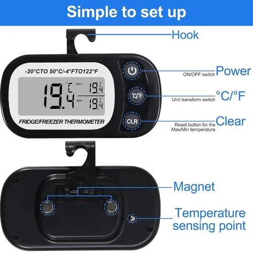 Miniatura 2 de Termómetro digital para nevera, 2 unidades, termómetro digital para habitación, pantalla LCD grande, termómetro para refrigerador con interruptor