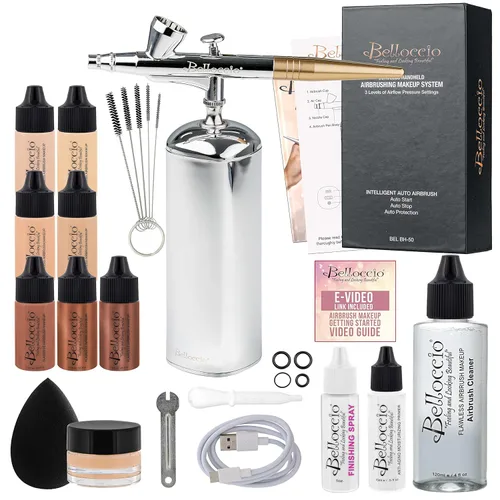 Miniatura 9 de Belloccio - Sistema de maquillaje profesional para aerógrafo de belleza con 4 tonos medianos de base en botellas de 1/4 onza – el kit incluye rubor
